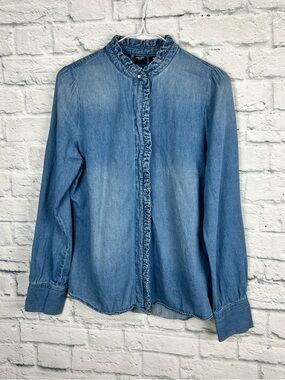 Vero Moda Denim Organic Cotton Ruffle Trim Chambray Shirt Blue Medium